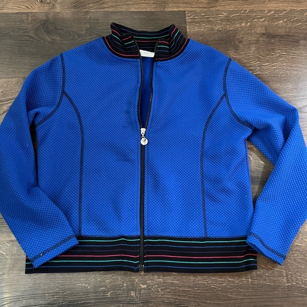 Blue Zip-Up Jacket with Striped Trim by Iactive size Petite Medium